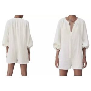 ZARA Ivory Embroidered Ballon Sleeves Gauzy Crepe Cotton Boho Romper Size XS
